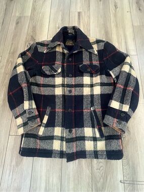 Vintage 60s / 70s Sears Wool Jacket Plaid Navy Red Button Sherpa Lined Mens 36